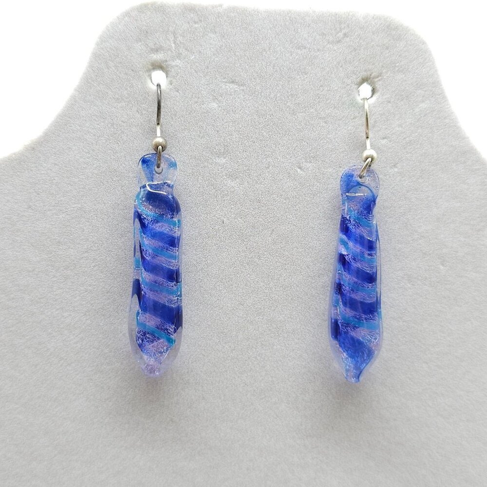 Handcrafted Blue Murano Glass Dangle Earrings With Silver Tone Hooks
